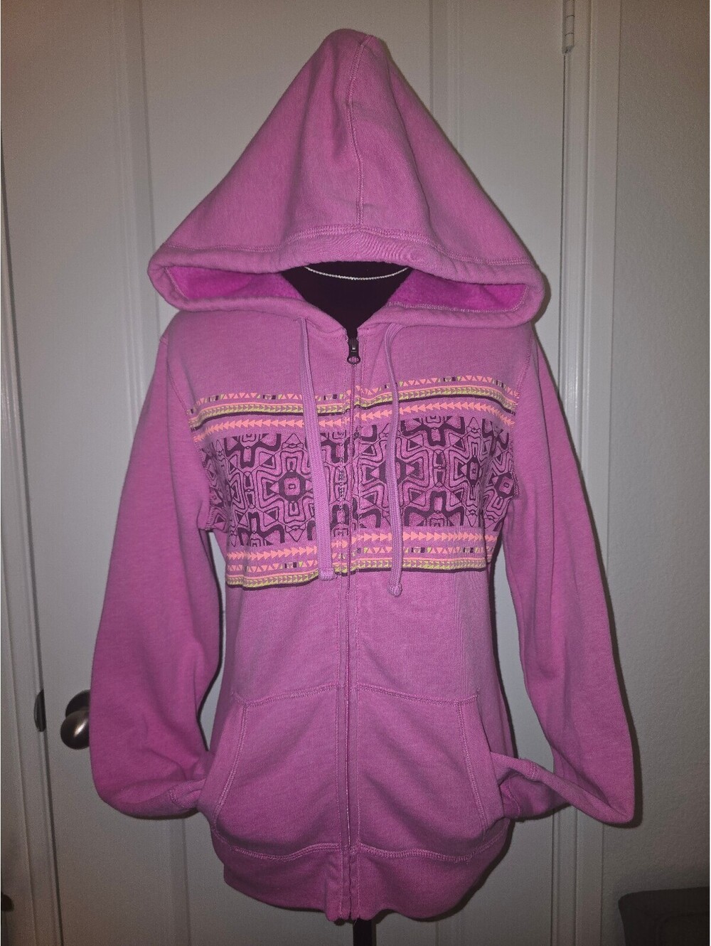 Mossimo Pink Hooded Zip-Up Sweatshirt with Patterned Chest Detail